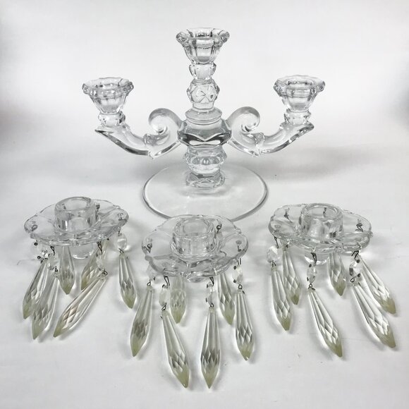 Duncan Miller Vintage Sandwich Candelabra with Removable Hanging Prisms - Picture 5 of 10